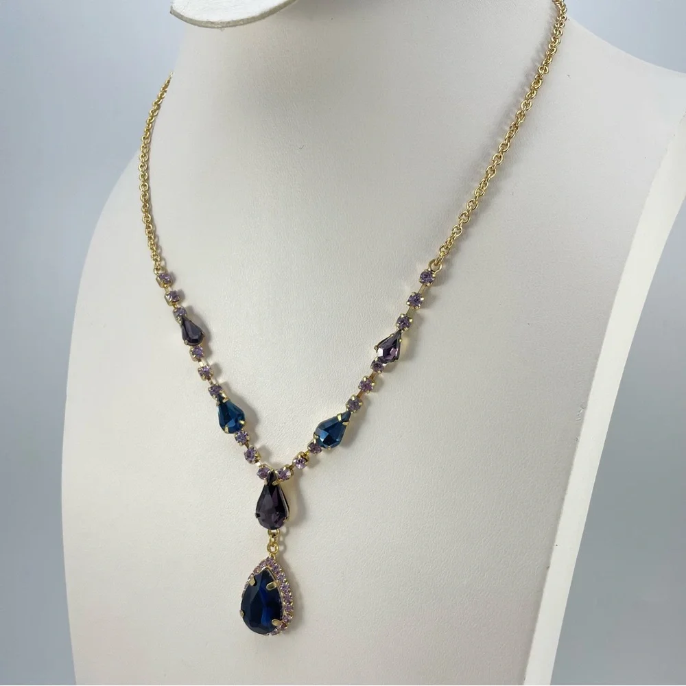 Stunning Gold Tone Purple & Blue Crystal Teardrop Statement Necklace
